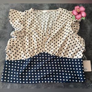 LC Lauren Conrad Navy and White Polka Dot Blouse